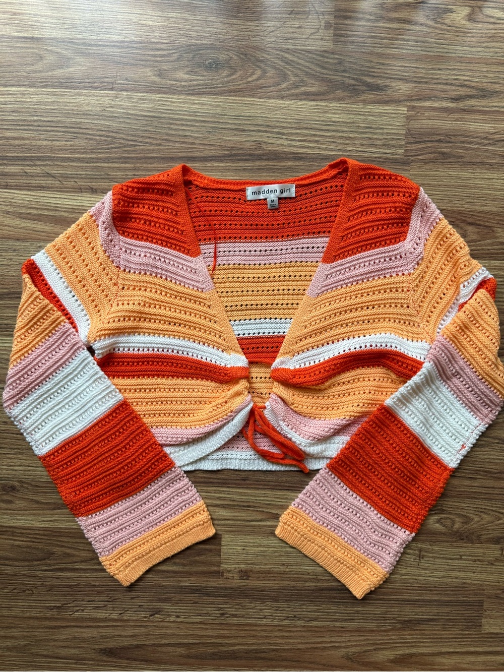 Madden Girl Orange Pink Peach Striped Cropped Crochet Cardigan